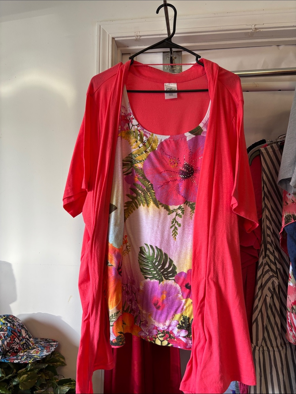 Just My Size Coral Pink Floral Layered Long Sleeve Top